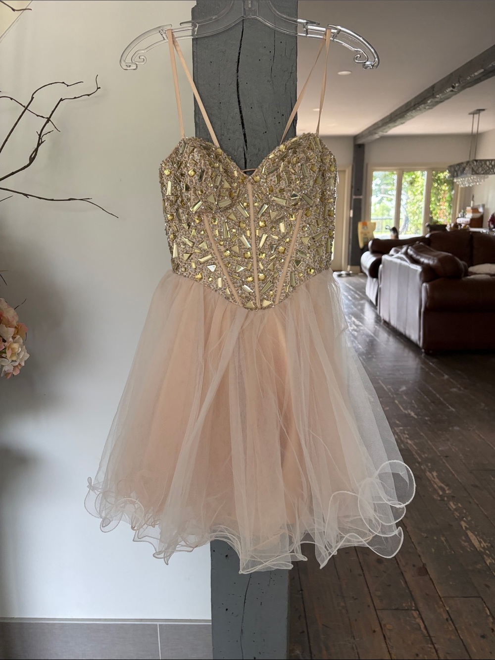 Dave & Johnny Gold-Beaded Blush Tulle Cocktail Dress